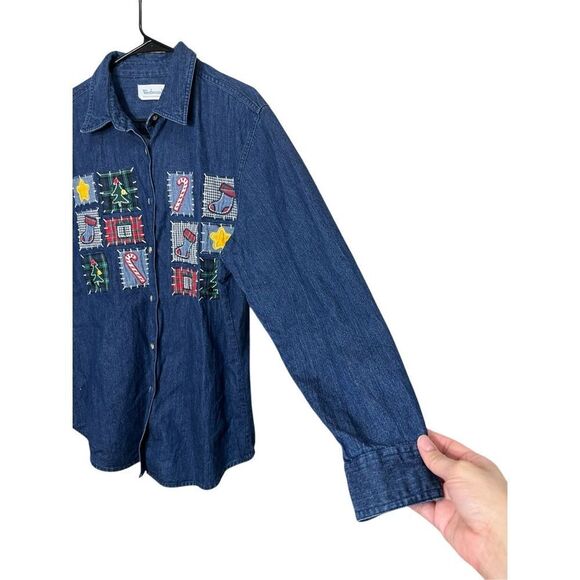 Vintage Westbound 90s Christmas Patchwork Embroidery Denim Shirt Large‎ - Picture 4 of 6